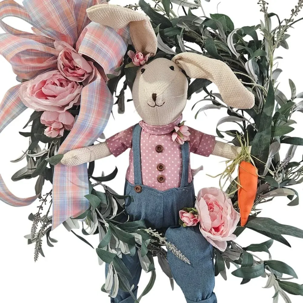 Whimsical Easter Wreath bunny Rabbit Carrot Pink Blue Green Handmade 22